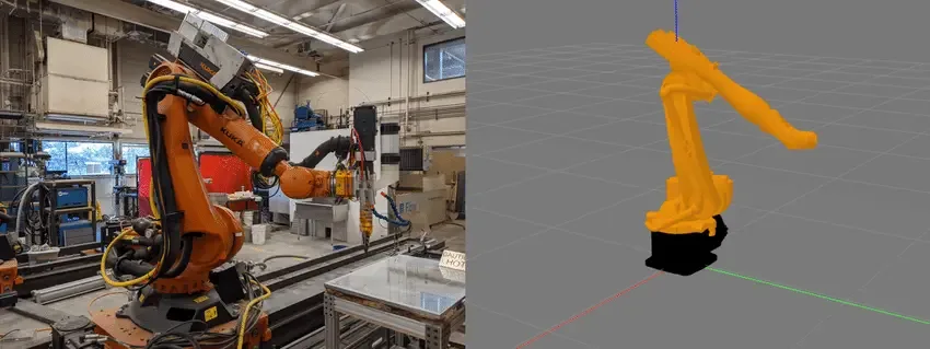 Side-by-side comparison of a physical industrial robotic arm and its 3D digital twin for simulation and programming.