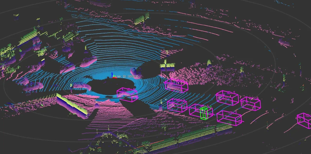 3D bounding box annotation on LiDAR point cloud, demonstrating Objectways’ skill in labeling sensor data for autonomous vehicles.