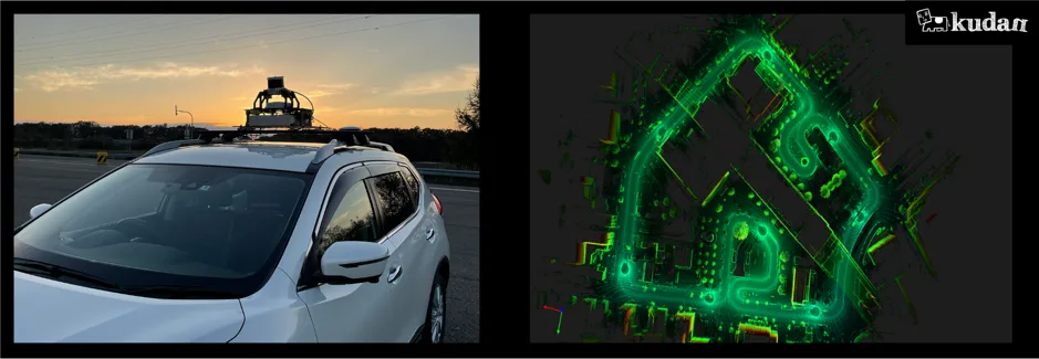 Kudan image of a car with a roof-mounted sensor next to the complex 3D LiDAR map it generated for autonomous navigation.