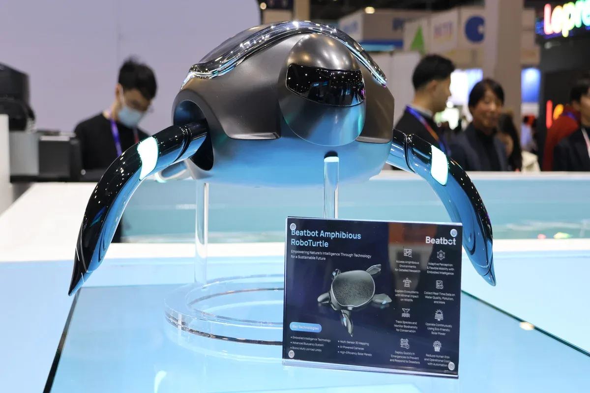Beatbot amphibious robot turtle on display, symbolizing innovative robotics & AI powered by high-quality data from Objectways.