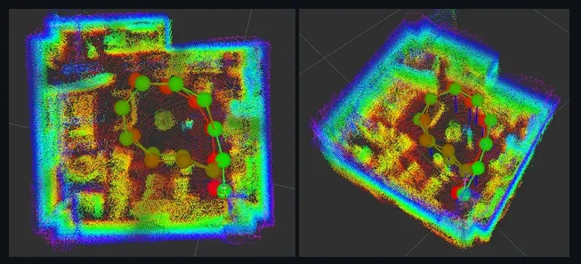 Two views of a room mapped using LiDAR SLAM (Simultaneous Localization and Mapping), showing a colorful point cloud of the interior space with a pose graph overlay indicating the path of the robotic sensor.