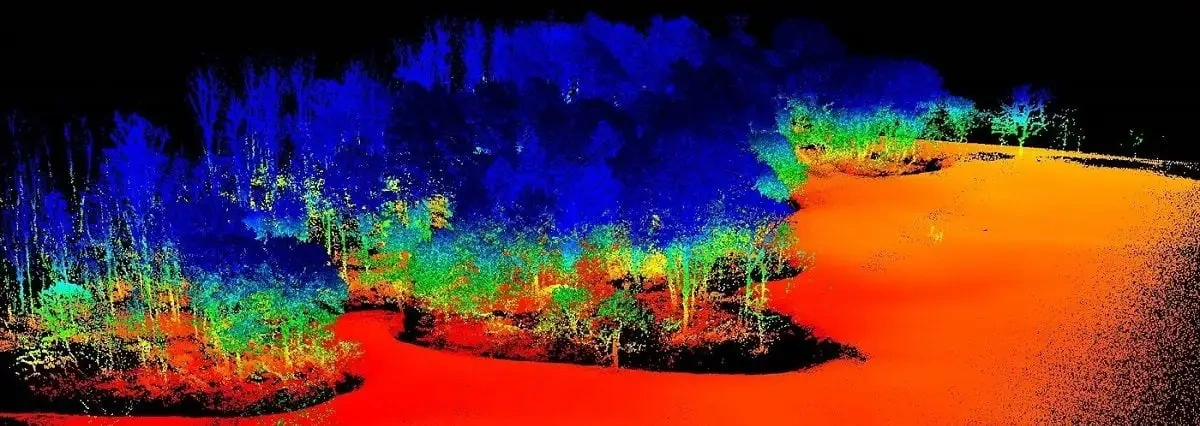 A colorful LiDAR point cloud showing a dense forest alongside a river. The colors represent elevation, with the red and orange showing the low-lying river and the blue and green showing the height of the tree canopy.