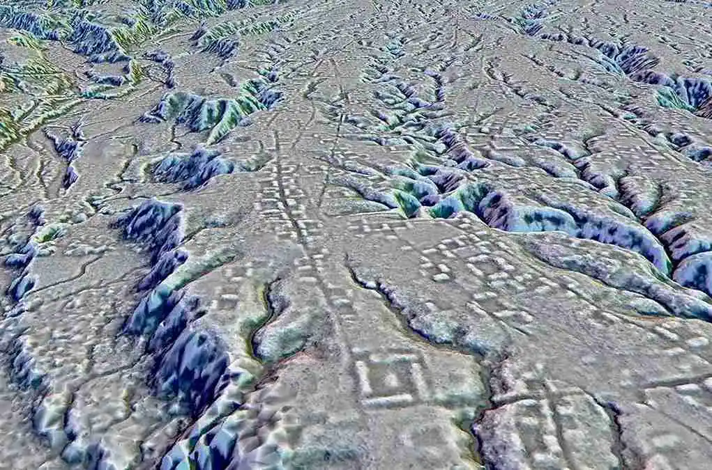 A 3D digital terrain model created with LiDAR, showing the vast network of streets, plazas, and mounds of a newly discovered ancient city hidden beneath the Amazon rainforest in Ecuador.