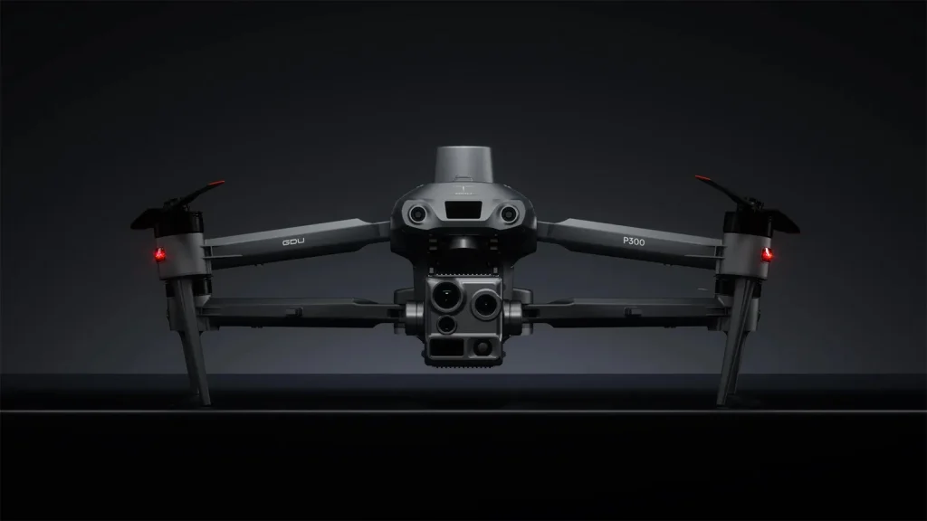 The GDU P300 industrial drone with multiple AI-powered cameras and sensors for advanced surveillance and inspection tasks