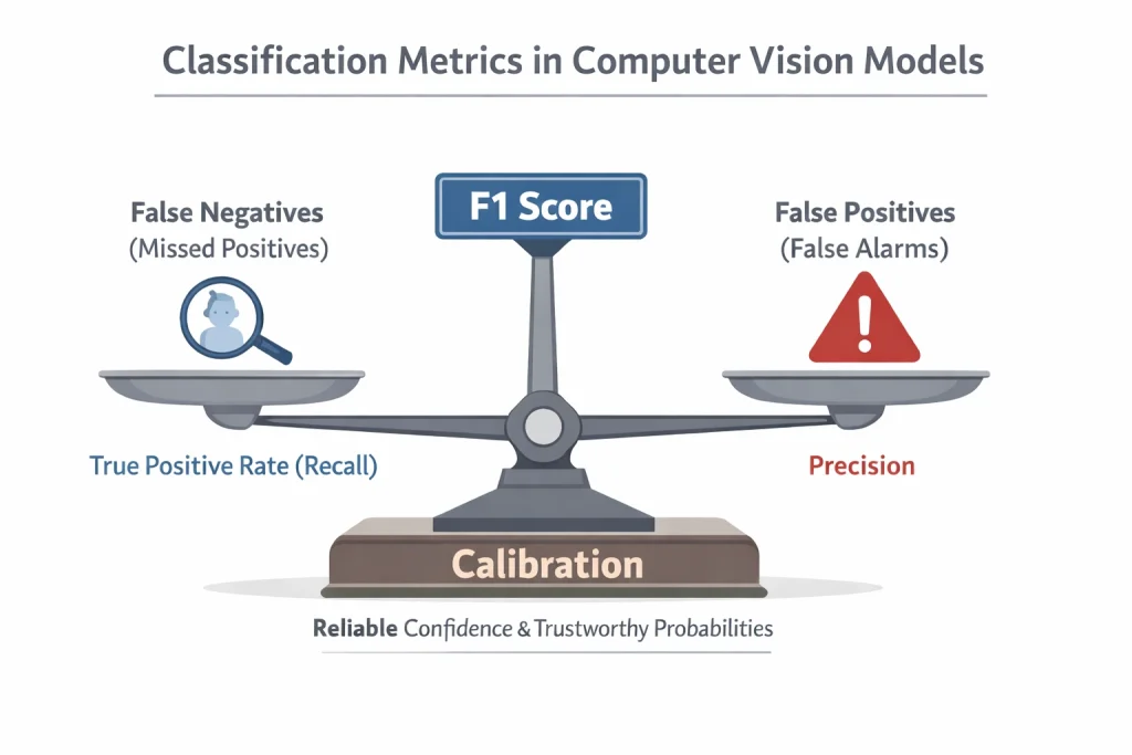 Infographic of a scale balancing Precision and Recall (supported by Calibration) to achieve a high F1 Score in computer vision models