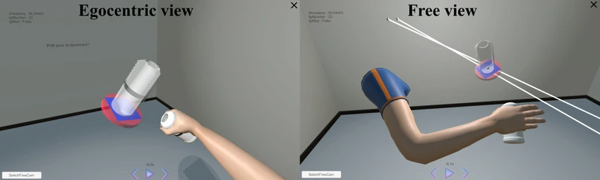 Side-by-side comparison of an egocentric (first-person) and a free (third-person) camera view in a virtual reality simulation
