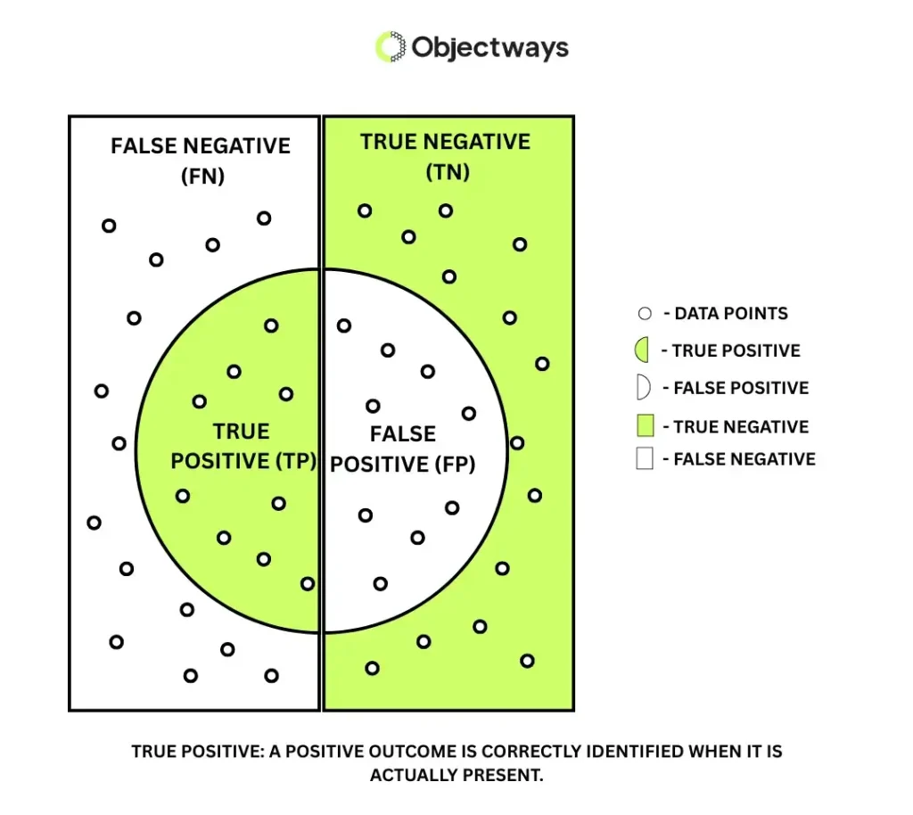 Diagram explaining classification metrics: true positive (TP), false positive (FP), true negative (TN), and false negative (FN)