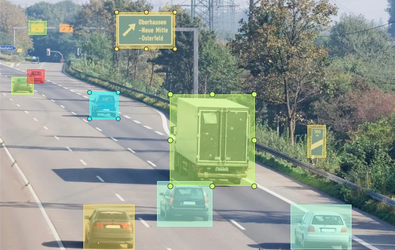Collage of 3D bounding box annotations on vehicles in various driving conditions, including night, rain, and day, for robust AI models