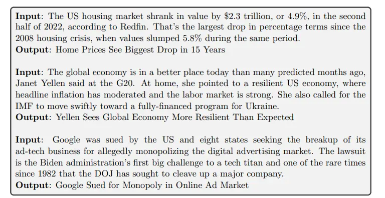 Three examples of a fine-tuned AI model performing text summarization, converting news paragraphs into concise headlines