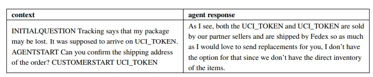 Example of training data for a customer service AI, showing conversation context and a detailed agent response for fine-tuning
