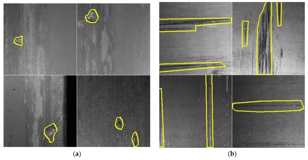 Examples of data annotation for AI, with various surface defects on steel highlighted with yellow polygons for model training
