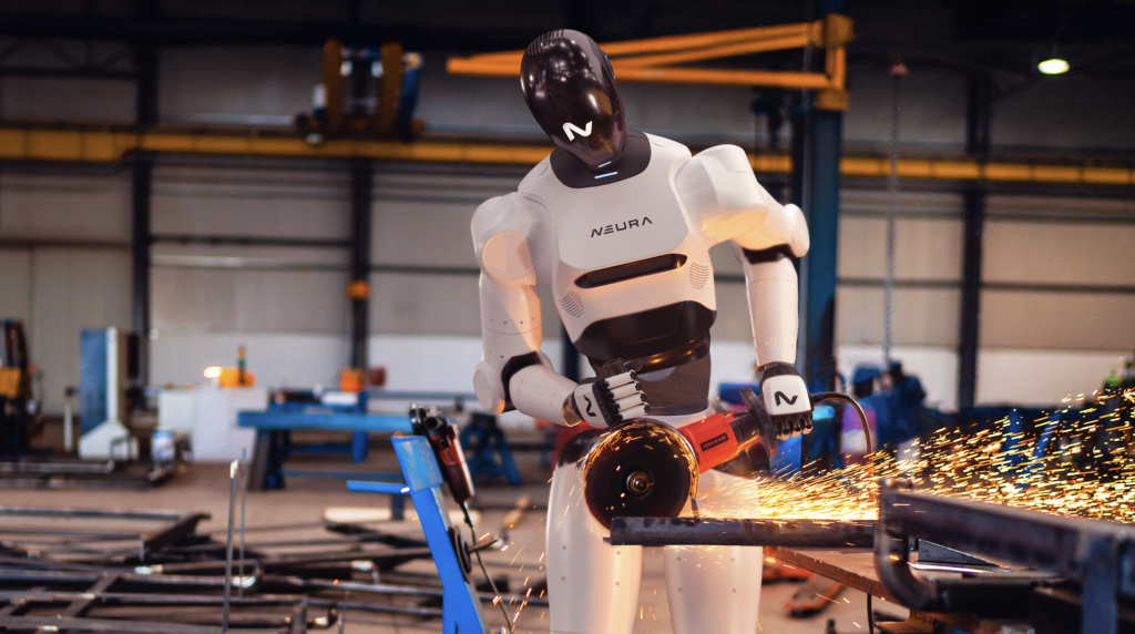 The Neura humanoid robot using an angle grinder on a metal bar in a workshop, sending sparks flying