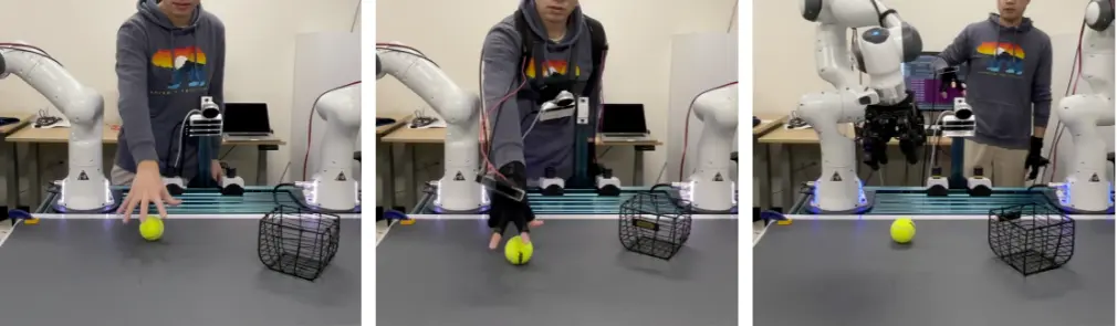 A three-step sequence where a person demonstrates picking up a tennis ball, and a robotic arm then successfully imitates the action