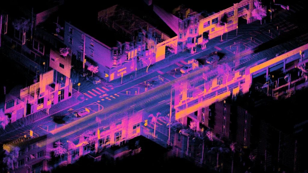 A high-density 3D LiDAR point cloud scan of a city street with buildings and vehicles in purple and pink
