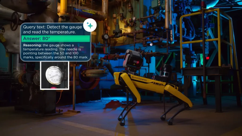 The Boston Dynamics Spot robot uses AI to read a temperature gauge in an industrial plant, demonstrating multimodal AI for inspection