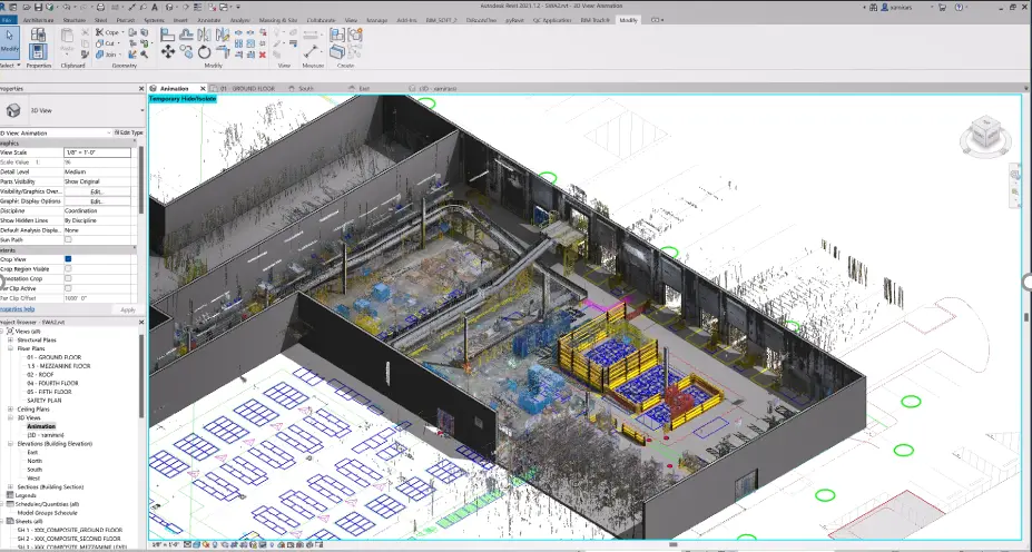 Autodesk Revit software displaying a laser scan point cloud overlaid onto a 3D building information model
