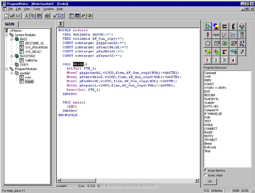 Screenshot of a legacy robot programming IDE, showing complex code used for traditional industrial robot automation tasks