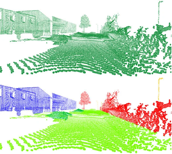 Before and after comparison of a raw LiDAR point cloud classified into distinct semantic categories
