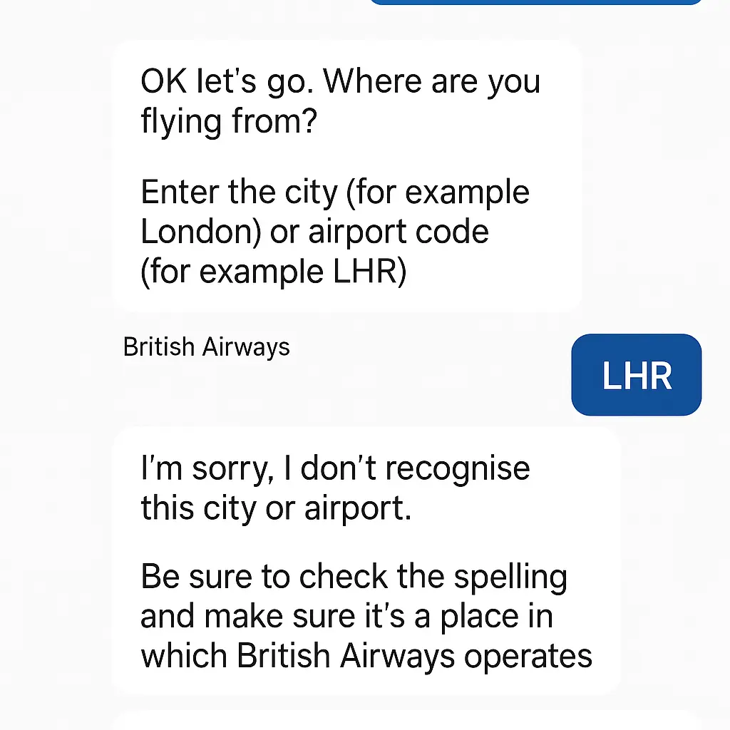 British Airways Chatbot Misunderstanding a Valid Airport Code