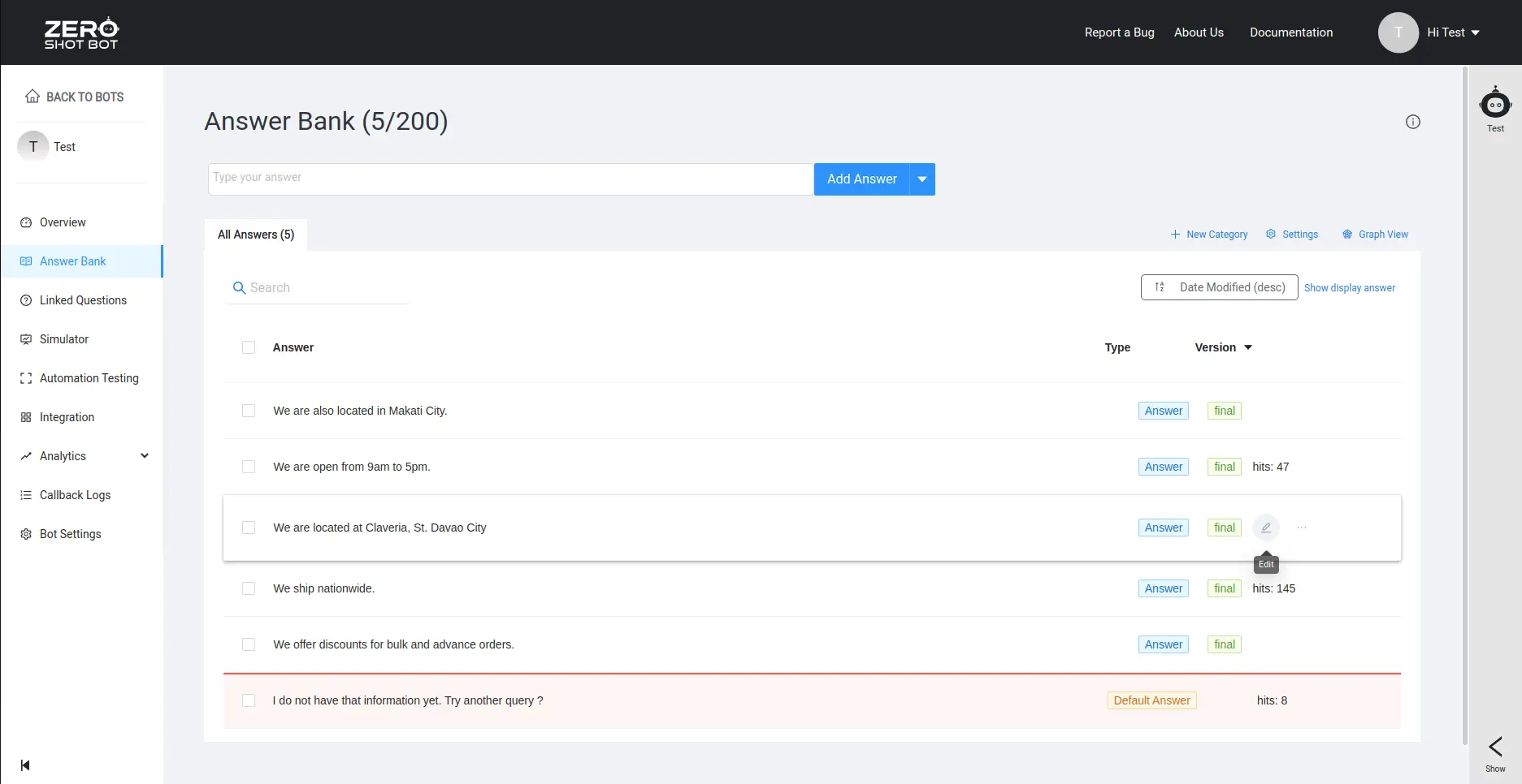 ZeroShotBot’s Answer Bank Interface