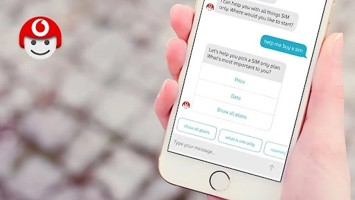 A screenshot of the Vodafone TOBi chatbot interface assisting a customer with plan query on a smartphone screen.