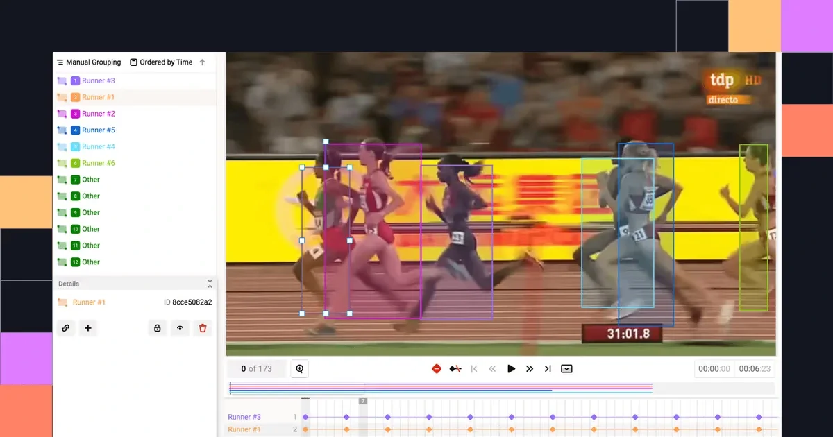 Multi-object tracking for sports video analysis using Label Studio. The UI shows individual runners being tracked with unique instance IDs and bounding boxes across a video timeline to create AI training data.