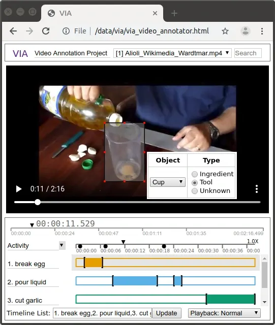 Video annotation for action recognition and object detection using the open-source VIA tool. The interface shows a timeline with temporal segments for activities and a bounding box for object labeling in a video frame.