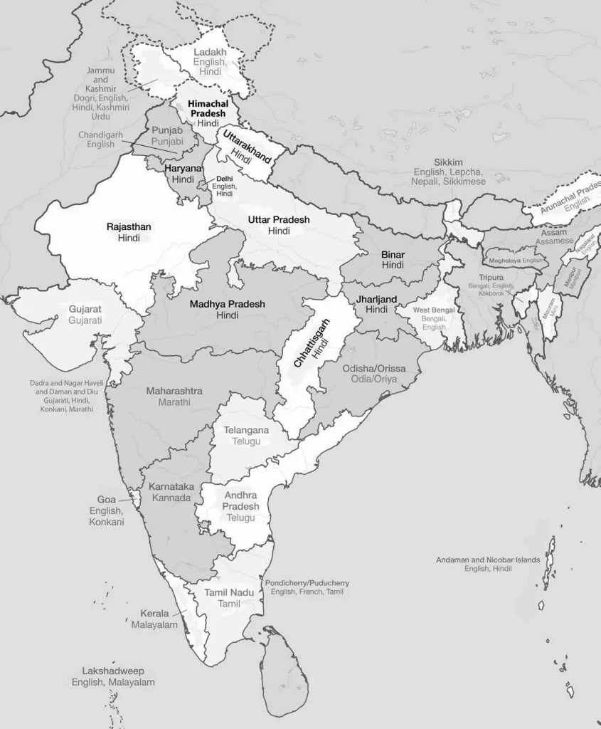 A map of India showing the primary languages spoken in each state, such as Hindi, English, Tamil, and Bengali