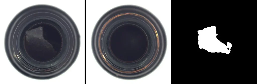 AI visual inspection showing an industrial part with a defect and the corresponding image segmentation mask for quality control