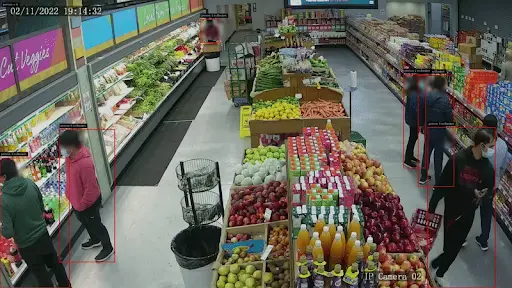 Security camera footage from a grocery store using AI to draw bounding boxes around shoppers for real-time person detection