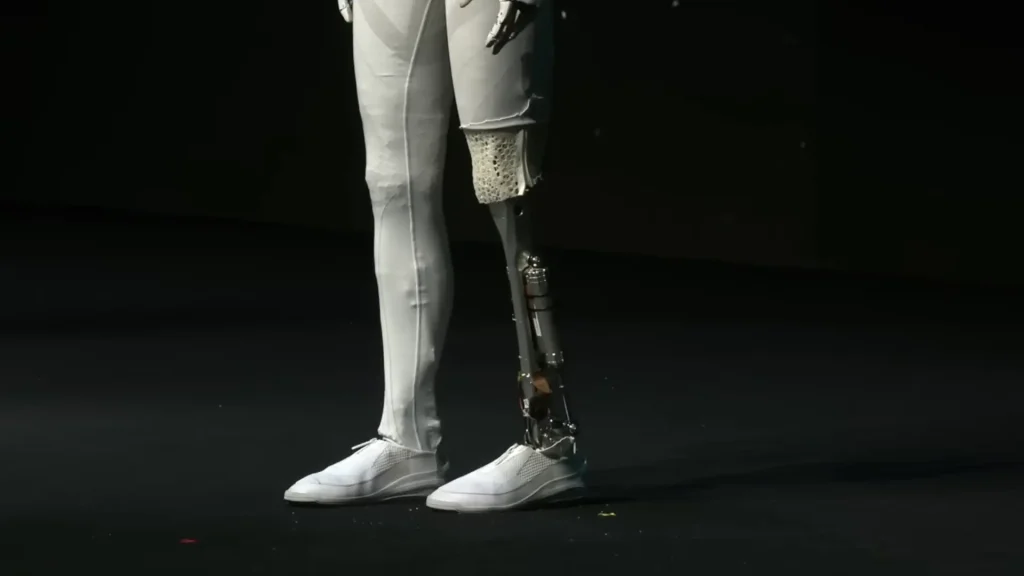 Close-up of an advanced robotic prosthetic leg, showcasing the integration of bionics and AI for human mobility