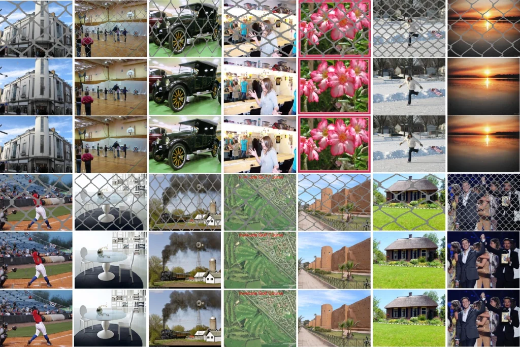 A gallery of images showing an AI's ability to digitally remove chain-link fences from photos, restoring the view behind them