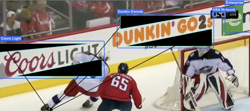 AI object detection identifying brand logos like Coors Light and Dunkin' Donuts during a live hockey game broadcast