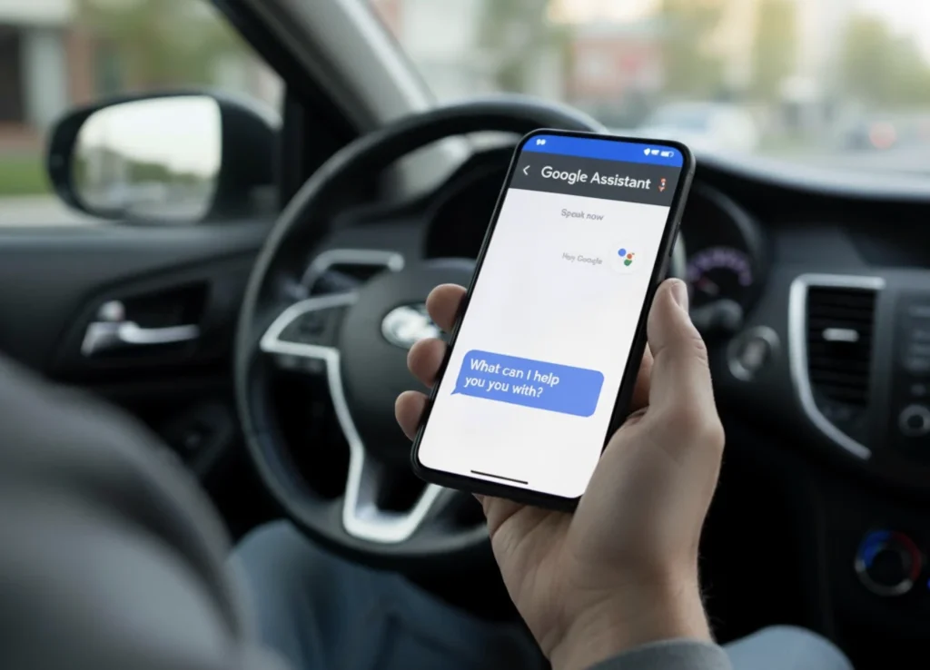 A person holding a smartphone with the Google Assistant app open, demonstrating a use case for voice recognition AI in a car