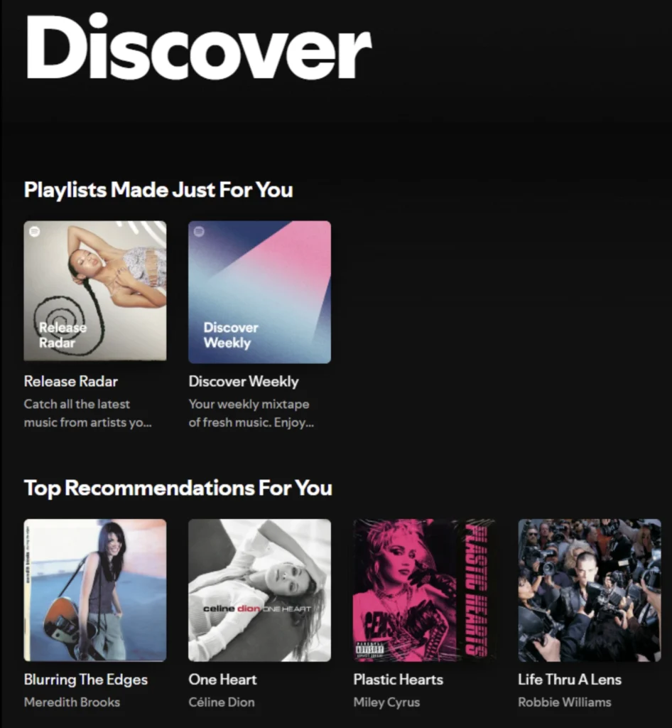 Screenshot of Spotify's "Discover" page, showing personalized playlists and recommendations powered by its AI algorithm
