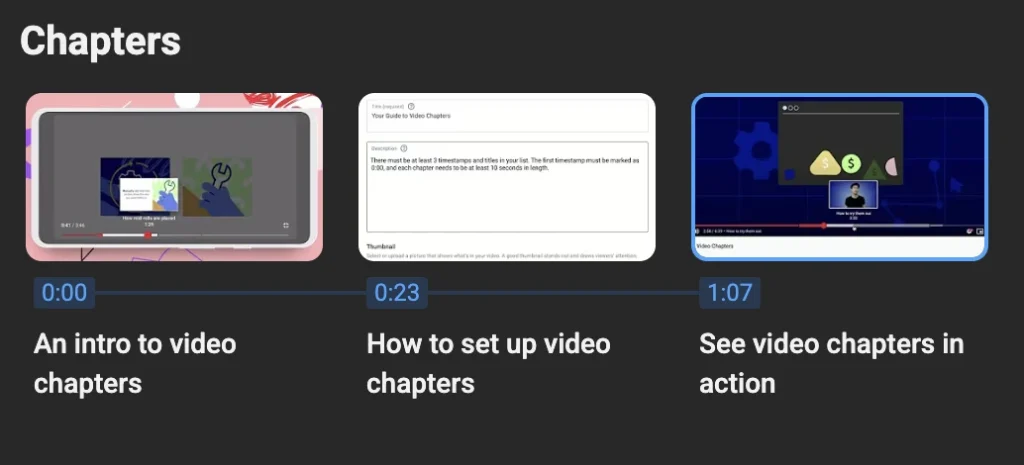 Example of YouTube video chapters, which use timestamps to segment a video into sections with titles for easy navigation