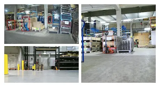 A robot's view of a warehouse, using computer vision to navigate and identify objects like forklifts and pallets