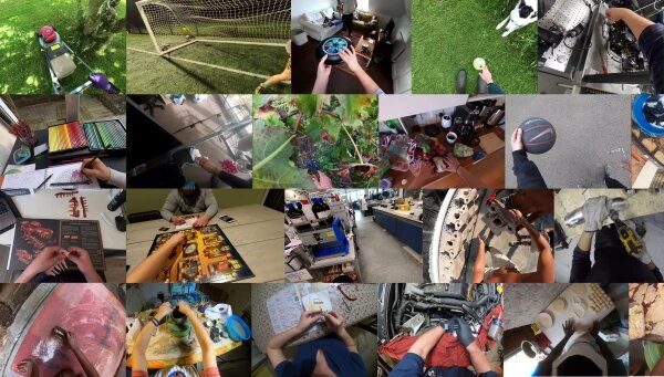 A collage of first-person view images from the Ego4D dataset, showing daily activities used to train egocentric AI models