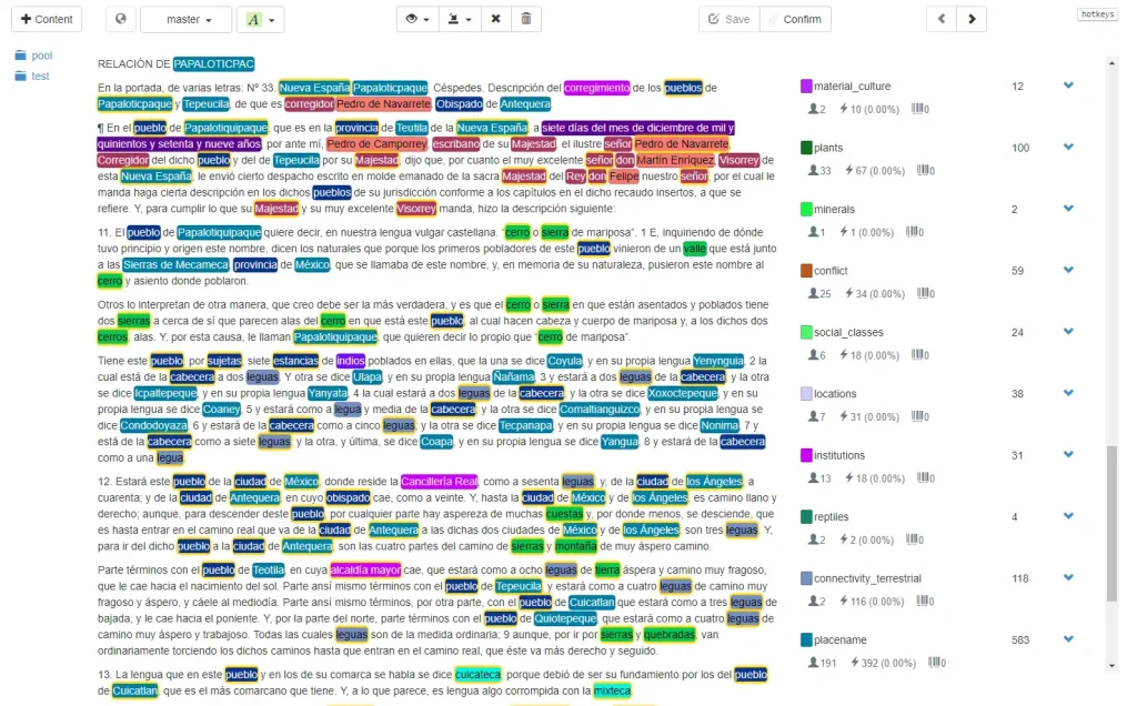Screenshot of a text annotation platform for Named Entity Recognition (NER), with entities like locations highlighted in a document