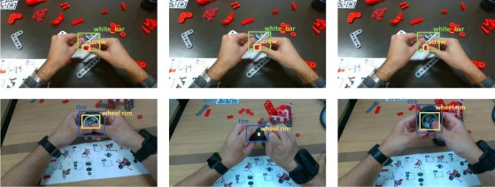 First-person view showing an AI model detecting and labeling small parts like screws and tires as a person assembles a toy
