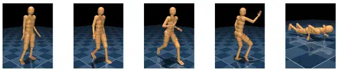 Five sequential poses of a 3D mannequin walking, running, and falling in a physics simulator