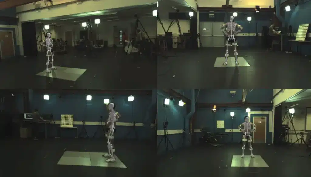 Real-time 3D skeleton tracking overlay on a subject in a professional motion capture studio