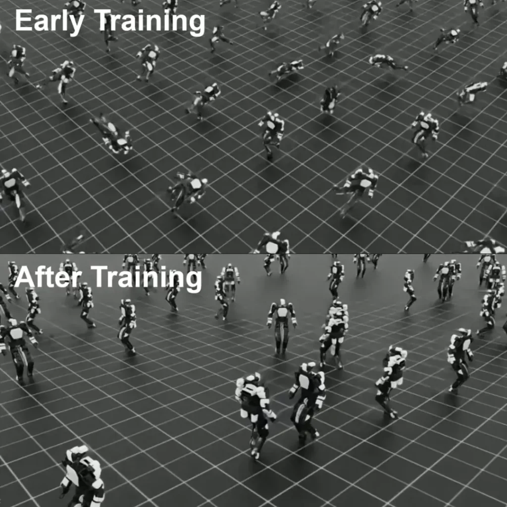 Comparison of humanoid agents in a physics simulation during early training versus stable walk after training