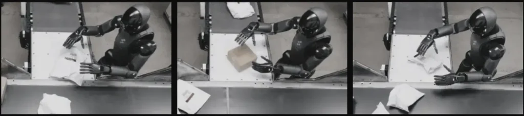 equential frames showing a humanoid robot autonomously sorting packages on a conveyor belt