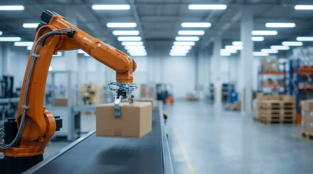 Orange robotic arm picking up a box from a conveyor belt in a highly automated, clean warehouse