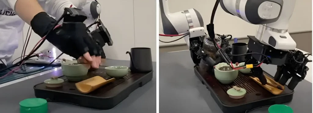 A teleoperation setup showing a human hand in a haptic glove training a robotic hand to pour tea
