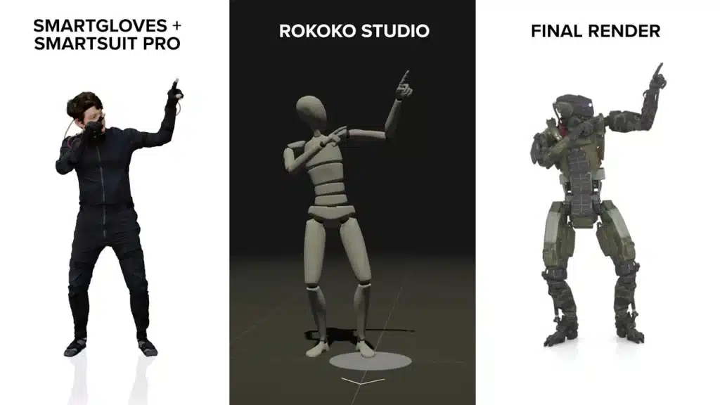 Steps from a MoCap smartsuit actor, to 3D studio tracking software, to the final rendered robot model