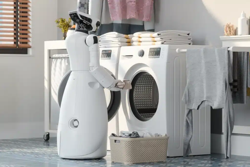 Assistant humanoid robot loading a washing machine in a domestic laundry room setup