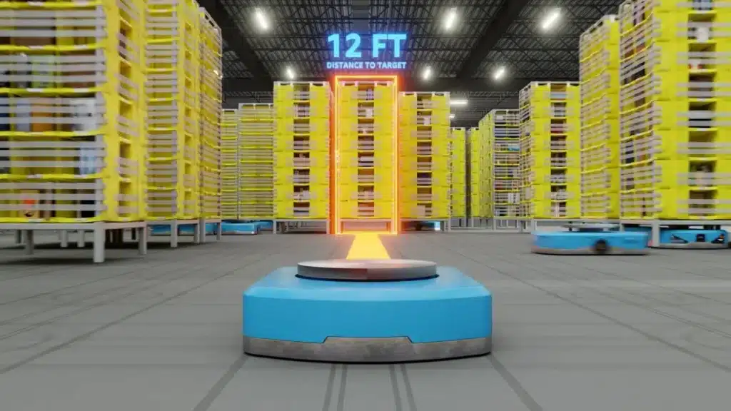 Flat autonomous mobile robot navigating between yellow shelving pods in a distribution center