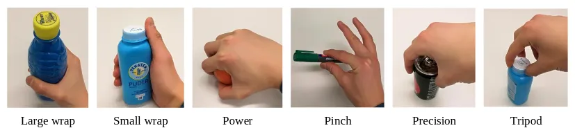 Guide showing six types of human hand grasps: large wrap, small wrap, power, pinch, precision, and tripod